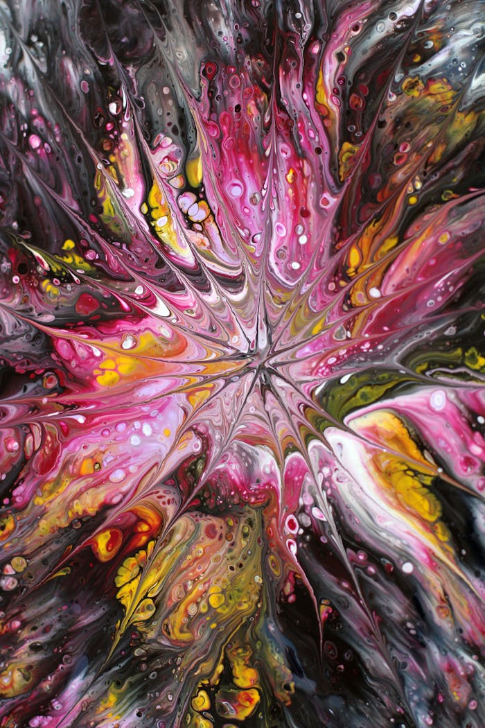 Vibrant abstract fluid acrylic painting with swirling colors and dynamic patterns.