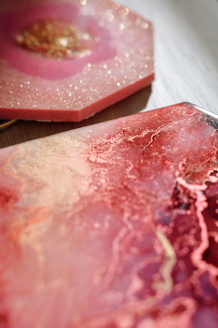 Intricate pink and gold textured artwork in close-up view, highlighting artistic resin details and shimmering glitter.
